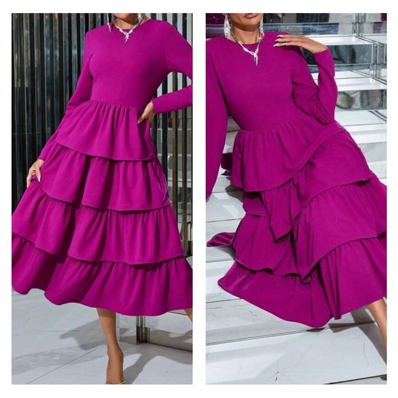 Multi-Layer Flared Hem Long Sleeve Round Neckline Dress - Picture 3 of 4